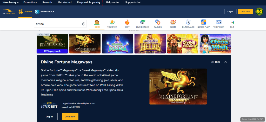 Screenshot of Divine Fortune on BetRivers Casino