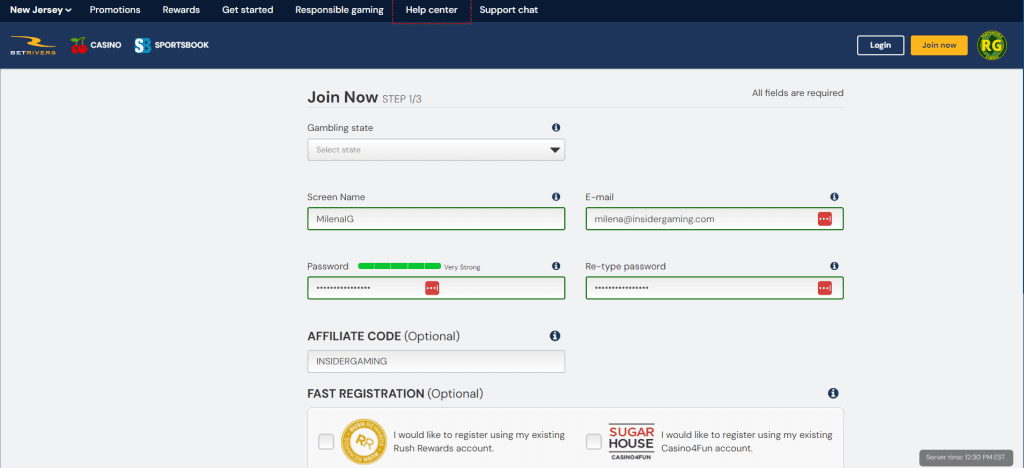 Screenshot of the registration page on BetRivers