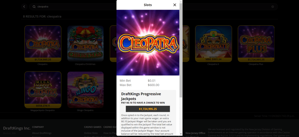 Screenshot of Cleopatra on DraftKings Casino