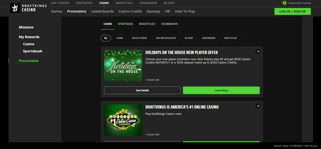 Screenshot of the Promotions at DraftKings Casino