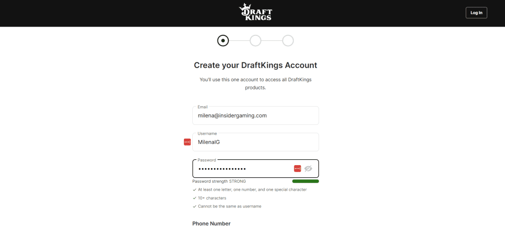 Screenshot of the registration page on DraftKings Casino