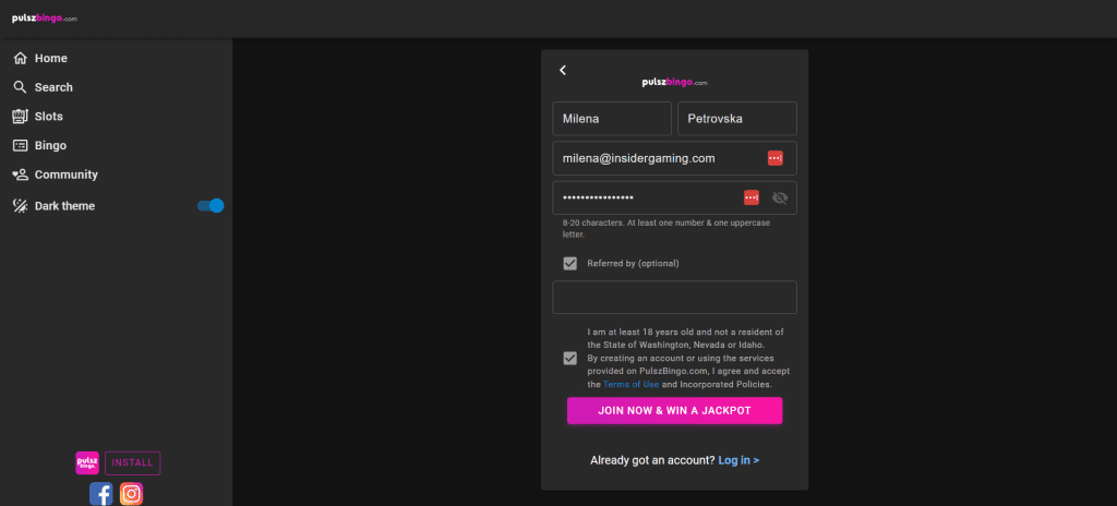 Screenshot of the registration page at Pulsz Bingo