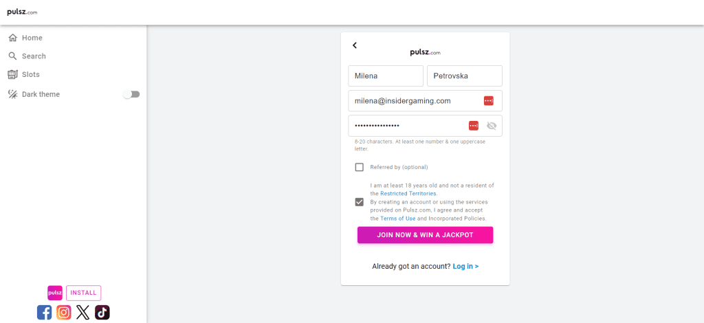 Screenshot of the registration page on Pulsz Casino