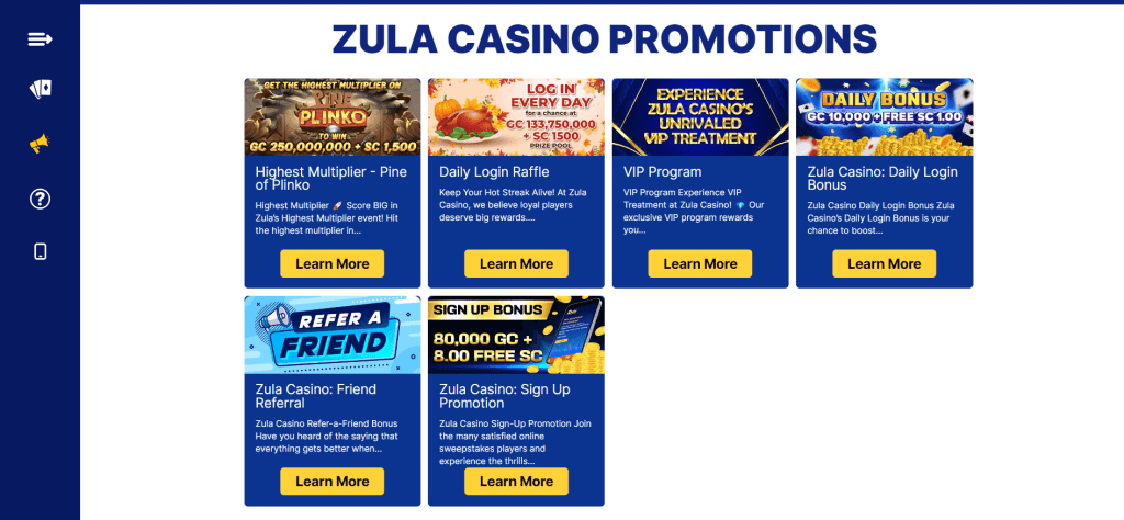 Zula Casino screenshot of the promotions