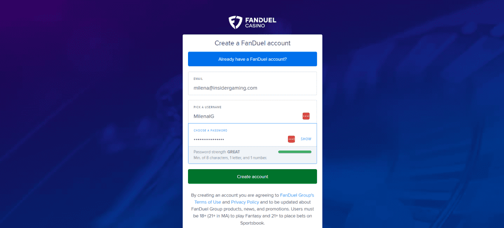 Screenshot of the Registration on FanDuel Casino