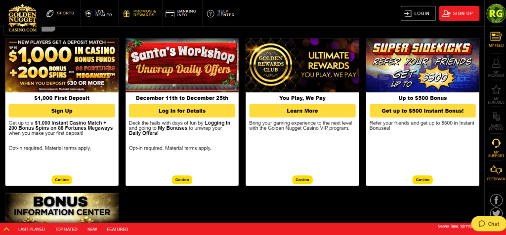 Screenshot of the promotions on Golden Nugget Casino