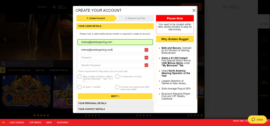 Screenshot of the registration at Golden Nugget Casino