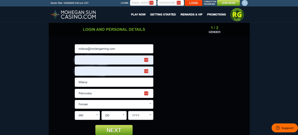 Screenshot of the registration on Mohegan Sun Casino