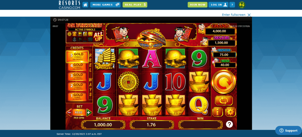 Screenshot of 88Fortunes on Resorts Casino