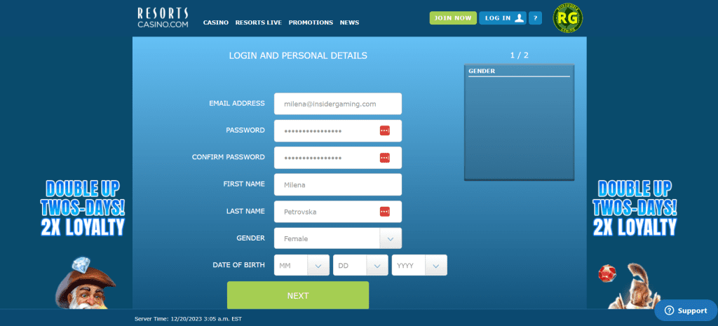Screenshot of the Registration on Resorts Casino