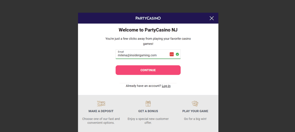 Screenshot of the registration on PartyCasino