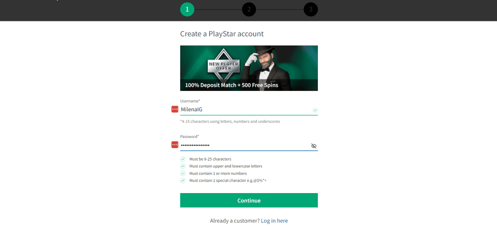 Screenshot of the registration on PlayStar Casino