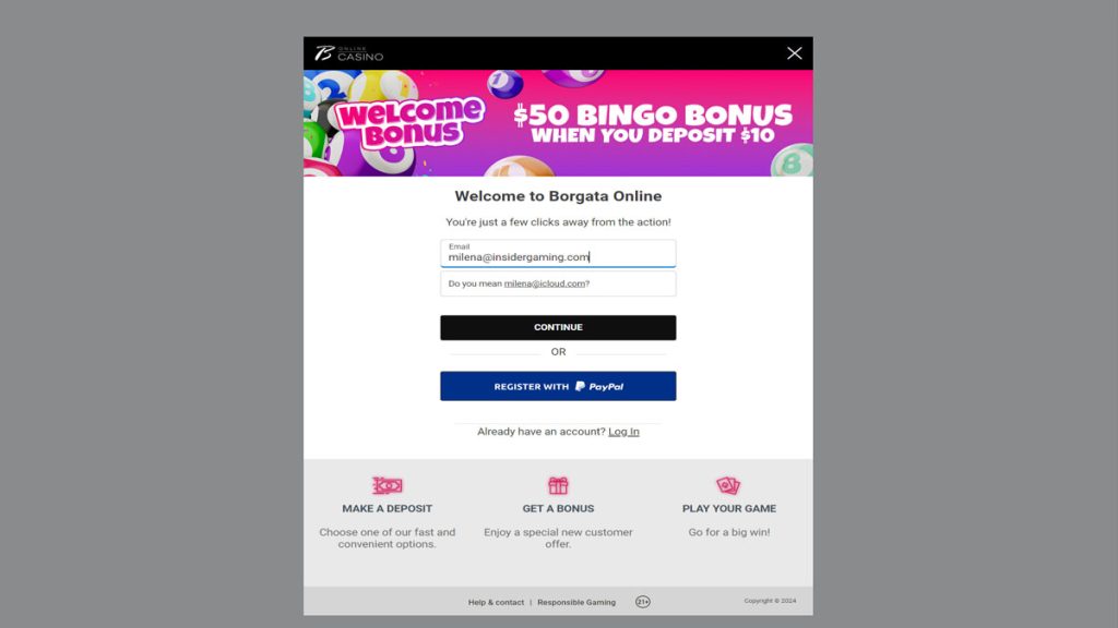 Screenshot of the registration page on Borgata Casino