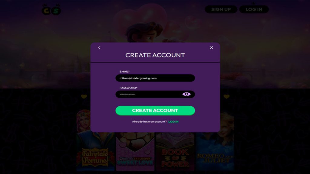 Screenshot of the registration screen at Crown Coins Casino