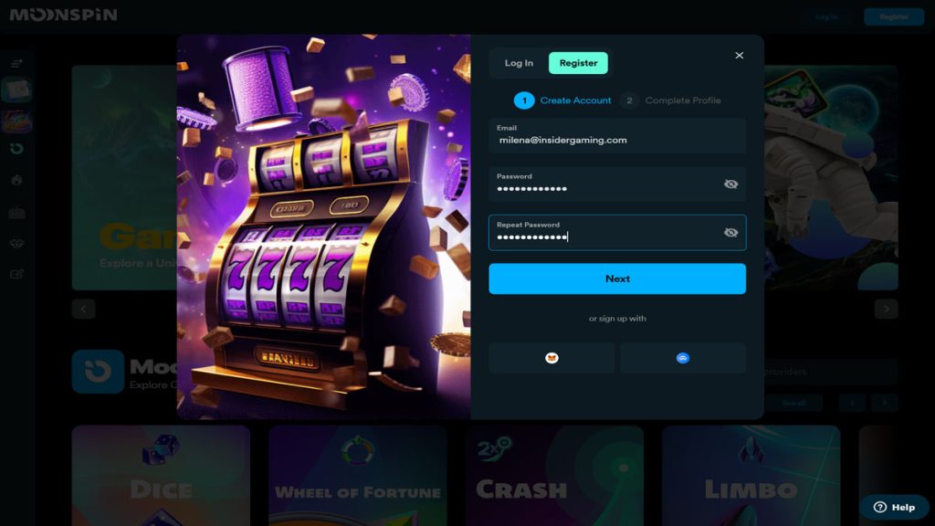 Screenshot of the registration page on Moonspin Casino