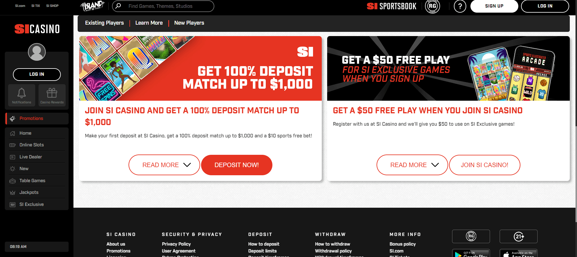 Screenshot of the promotions at Sports Illustrated Casino