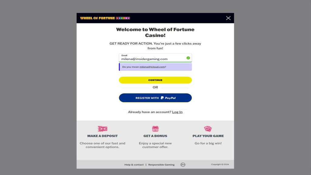 Screenshot of the registration page on Wheel Of Fortune Casino