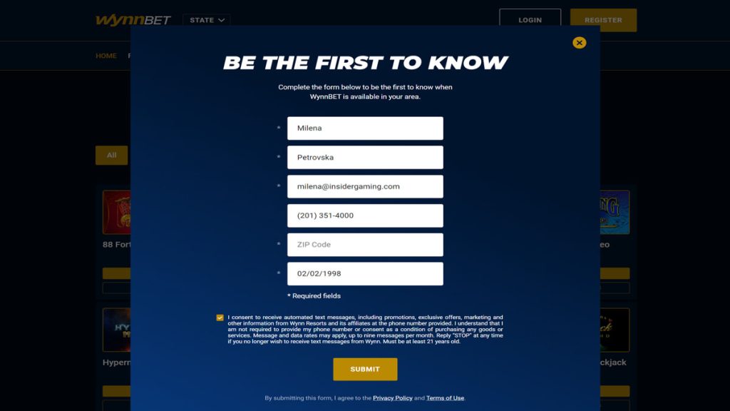 Screenshot of the registration page on WynnBET Casino