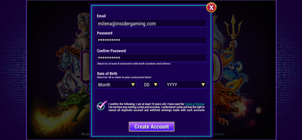 Screenshot of the Registration Page at LuckyLand Slots