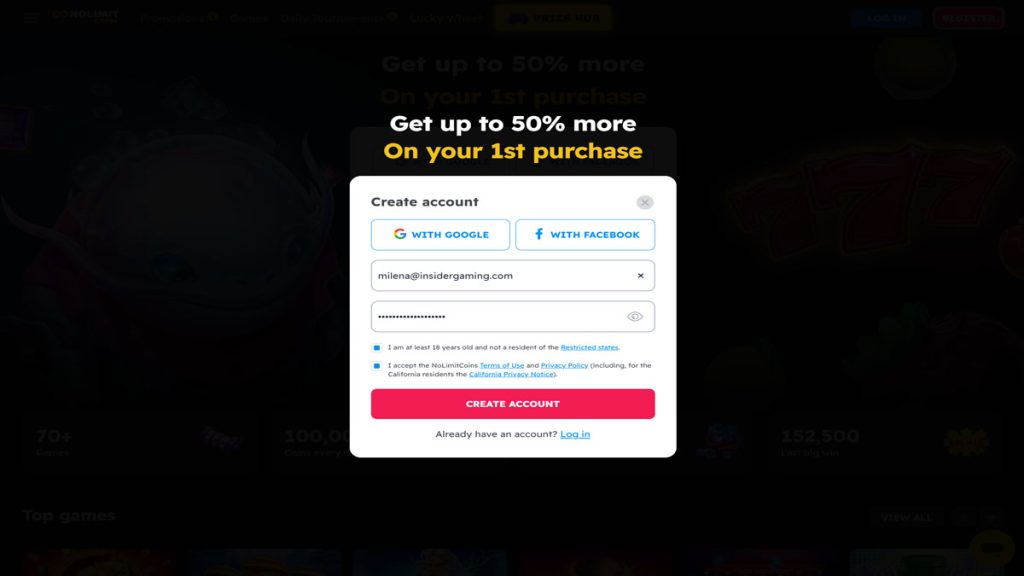 Screenshot of the registration on NoLimitCoins Casino