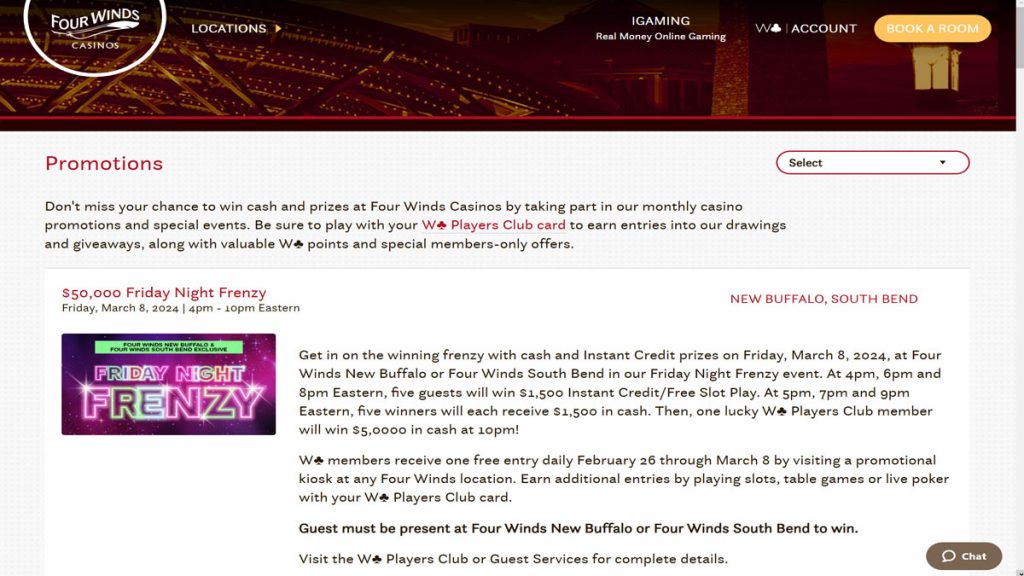 Screenshot of the promotions page at Four Winds Casino