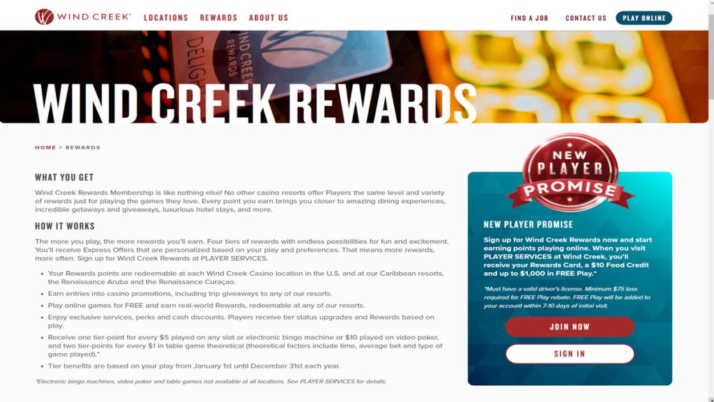 Screenshot of the rewards page at Wind Creek Casino