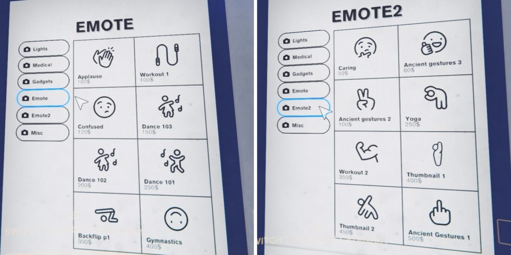 Displaying the Emotes menu.