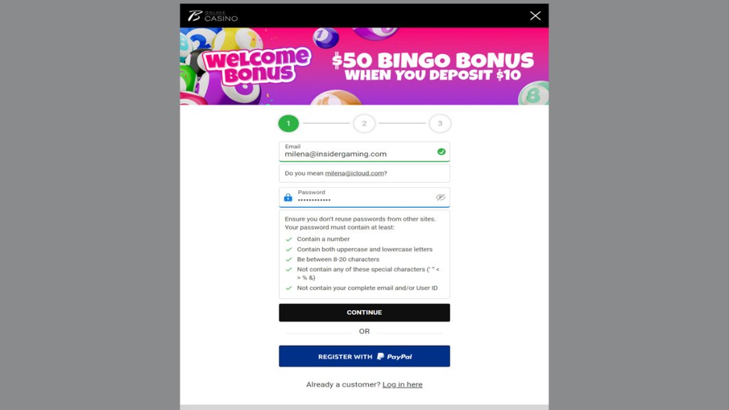 Screenshot of the registration page on Borgata Bingo