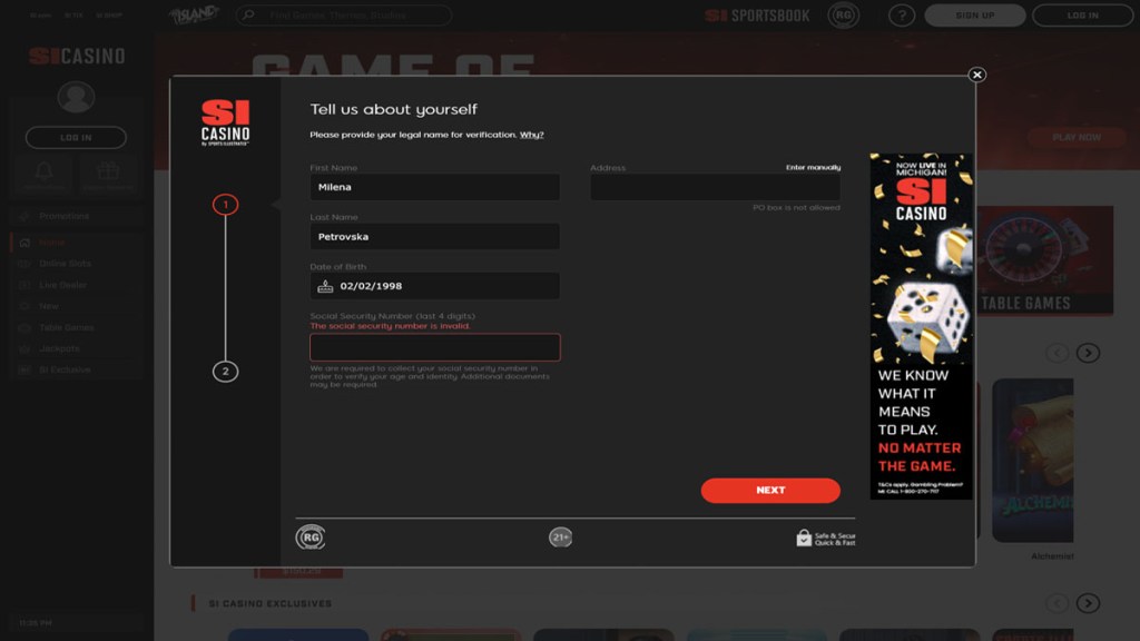 Screenshot of the registration page on Sports Illustrated Casino