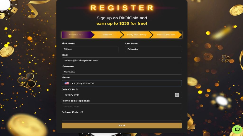 Screenshot of the registration screen on BitOfGold Casino