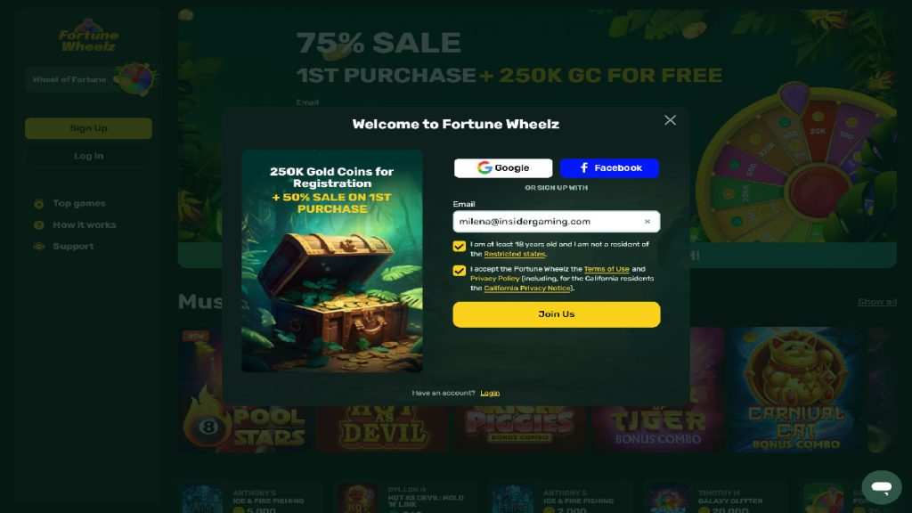 Screenshot of the Fortune Wheelz registration