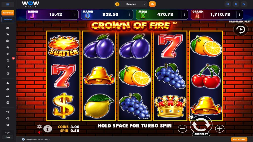 screenshot of crown of fire slot on wow vegas