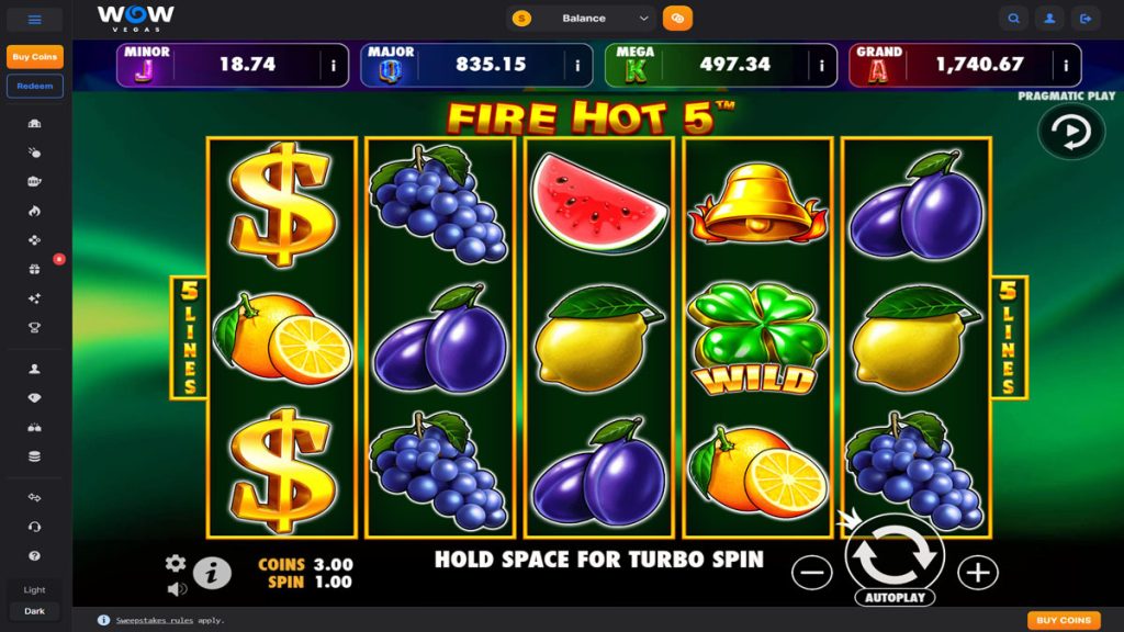 screenshot of fire hot 5 jackpot play on wow vegas