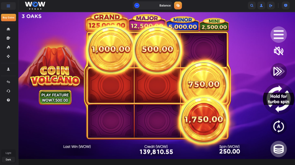 screenshot of coin volcano slot on wow vegas