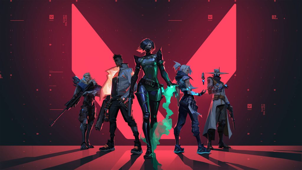 VALORANT agents posing in front of the game's logo.