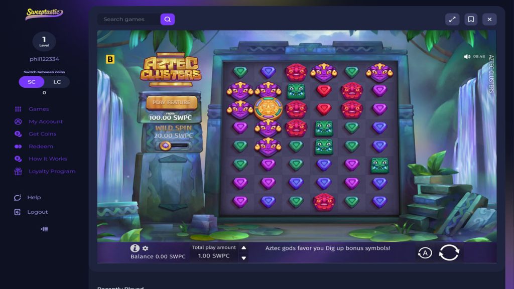 screenshot of aztec clusters slot on sweeptastic