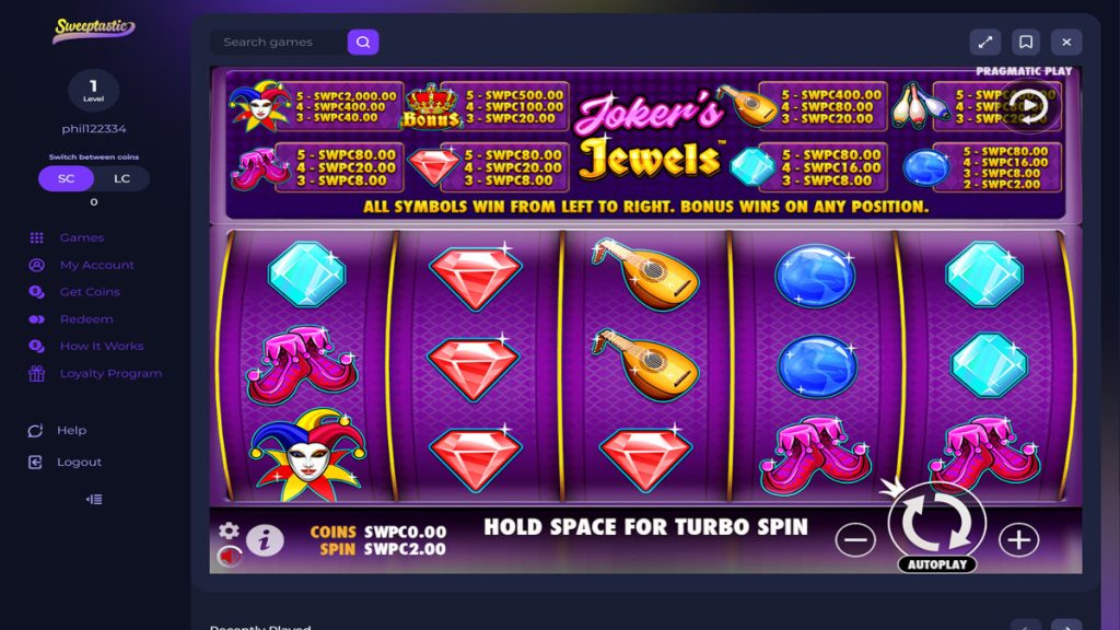 screenshot of jokers jewels slot on sweeptastic