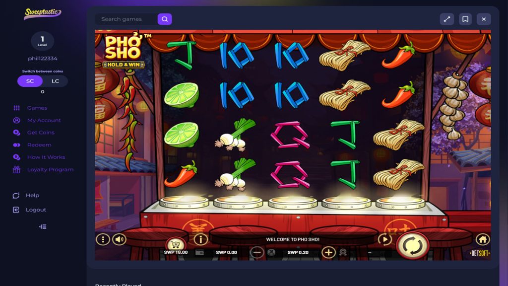 screenshot of pho sho slot on sweeptastic