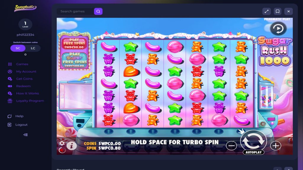 screenshot of sugar rush 1000 slot on sweeptastic