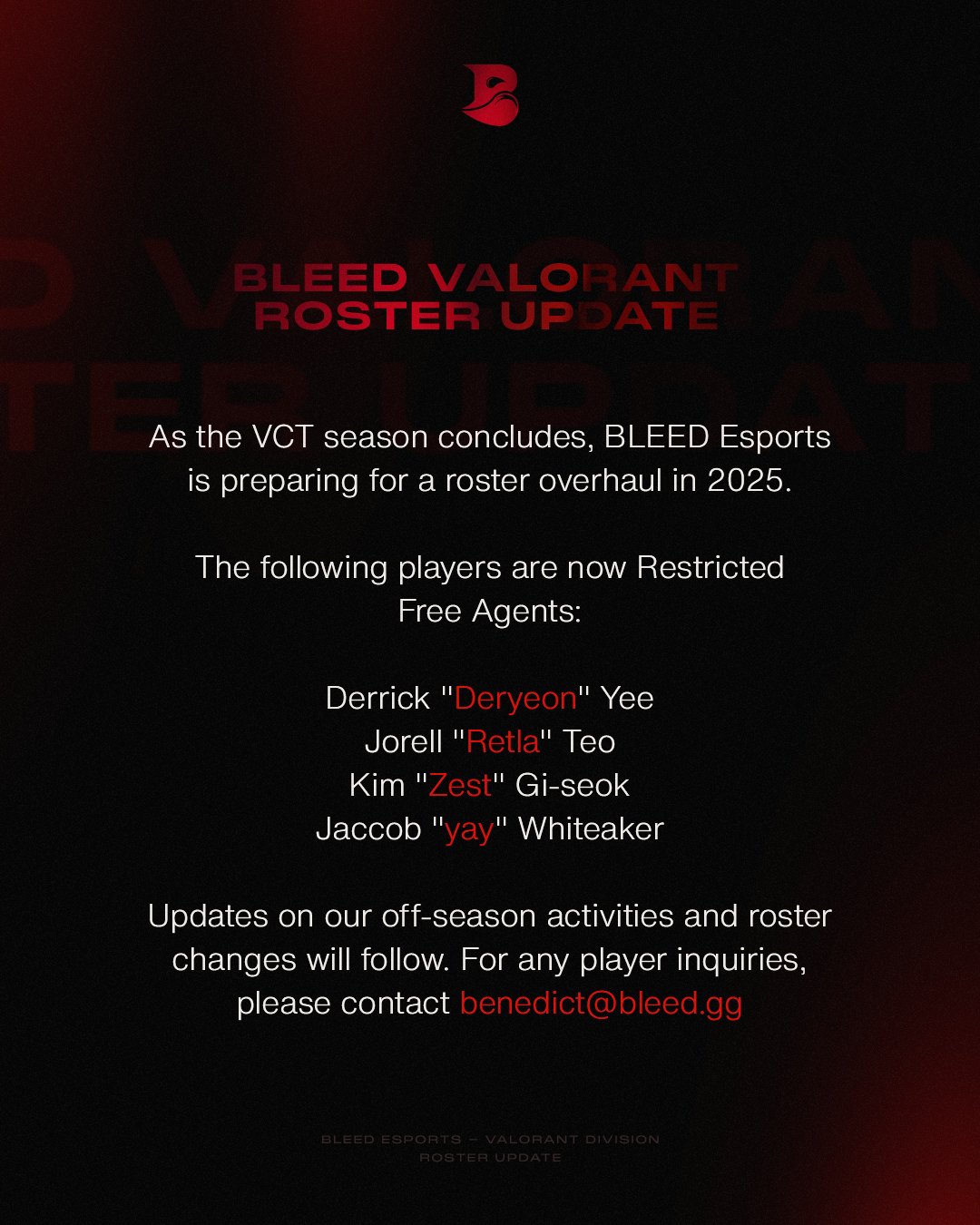 BLEED Esports Prepares For Roster Overhaul; Team Places Various Players As Restricted Free Agents