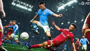 a Manchester City player dribbling a ball in EA Sports FC 25