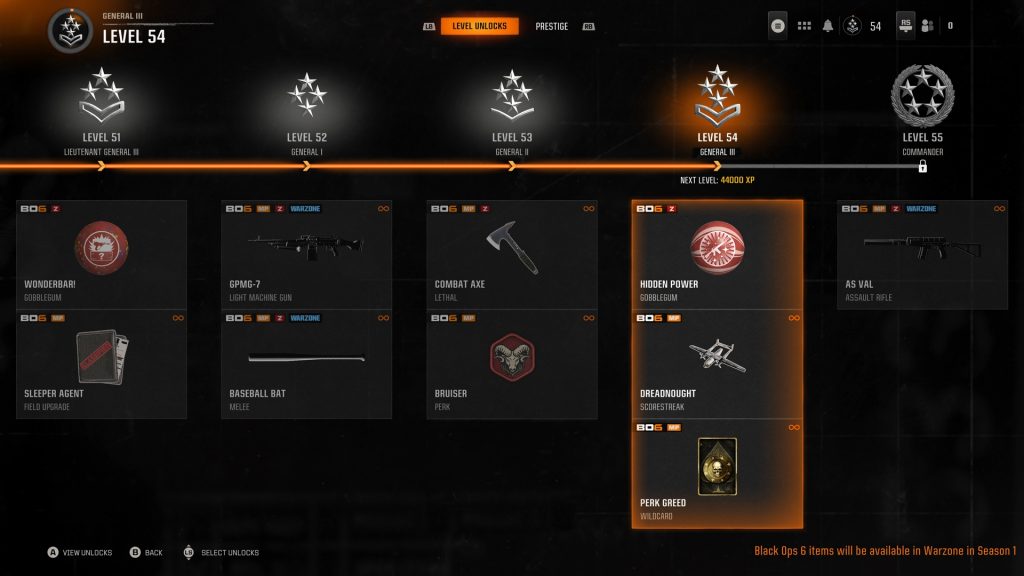 an image of Progression level rewards in Black Ops 6