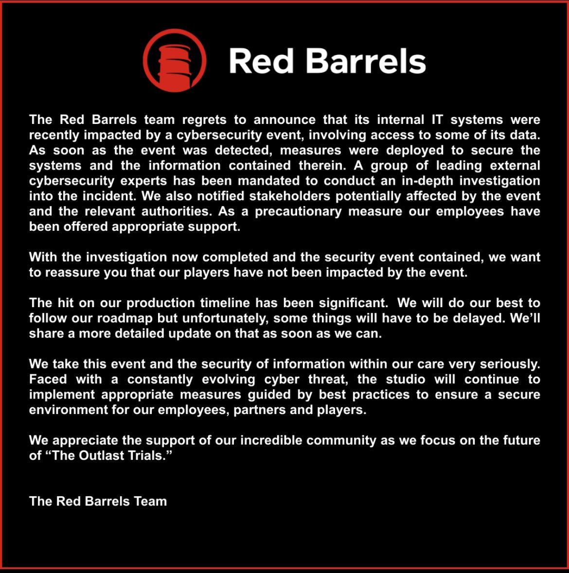 Outlast Developer Red Barrels Suffers Major Data Breach; Company Information Compromised