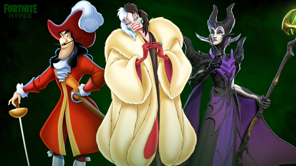 Fortnite Disney villains Captain Hook, Cruella de Vil, and Maleficent