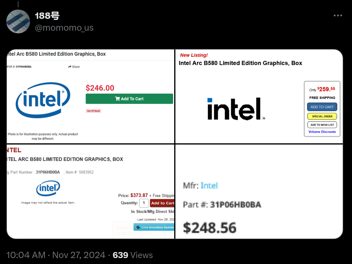 Цена на графический процессор Intel Arc Battlemage, похоже, просочилась