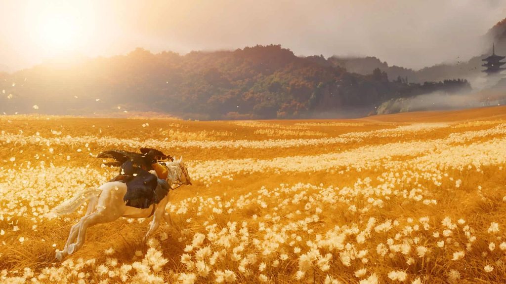 riding a horse through a field in ghost of yokei