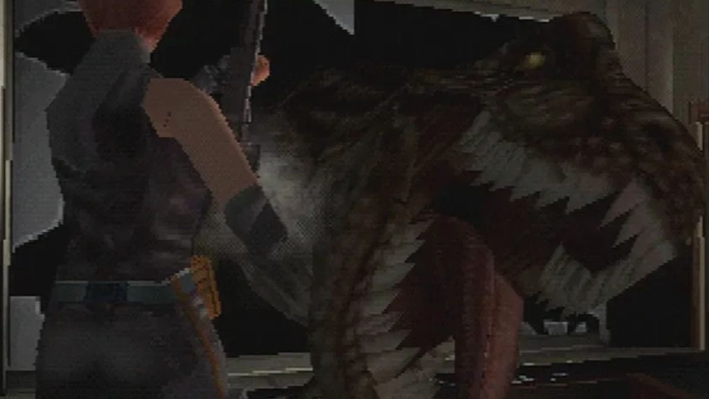 dinosaur smashing head through window in dino crisis