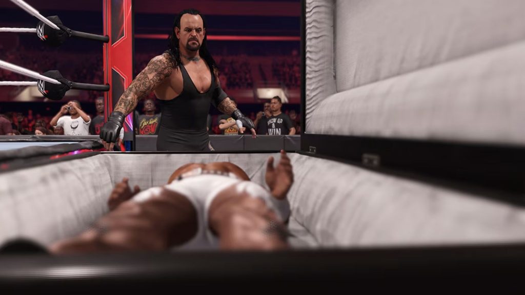 undertaker looking at opponent in casket in wwe 2k25