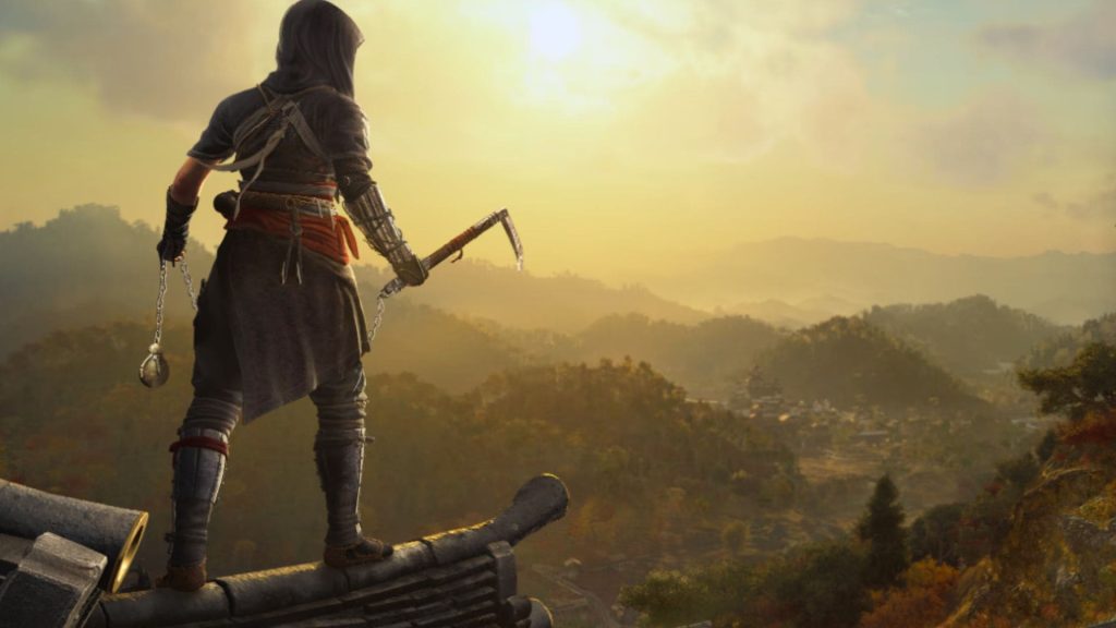 assassin's creed shadows character standing on cliff edge