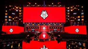 G2 Esports logo displayed on stage with a red background at the PGL Copenhagen Major